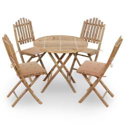 Mobilier &agrave; d&icirc;ner d'ext&eacute;rieur pliable 5 pcs avec coussins bambou