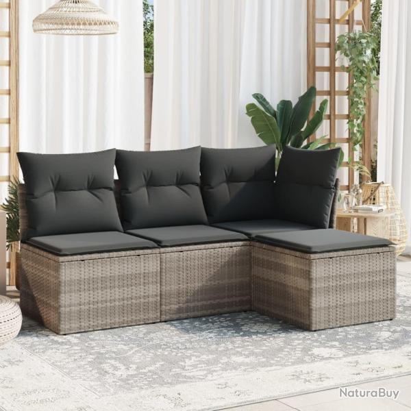 Salon de jardin 4 pcs avec coussins gris clair r�sine tress�e