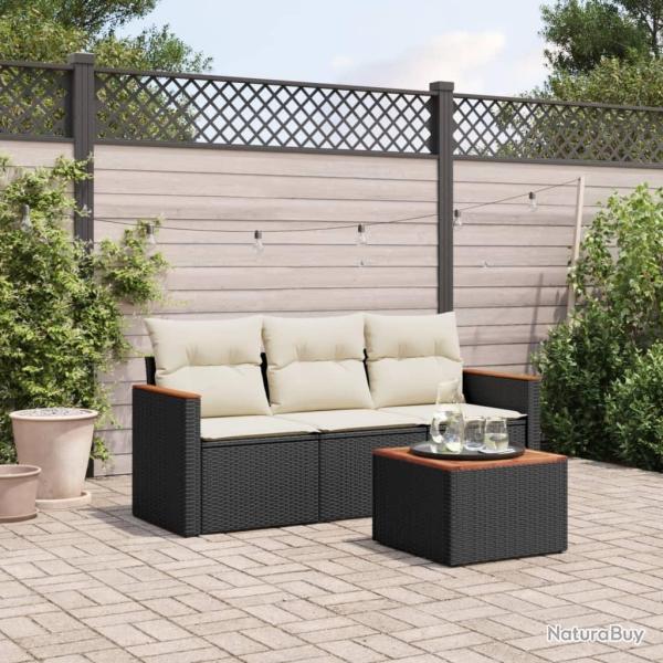 Salon de jardin 4 pcs avec coussins noir r�sine tress�e