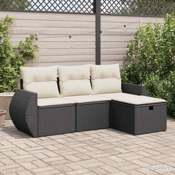 Salon de jardin 4 pcs avec coussins noir r�sine tress�e