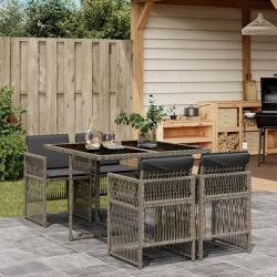 Ensemble &agrave; manger de jardin 5 pcs coussins gris r&eacute;sine tress&eacute;e