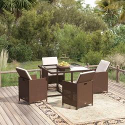 Ensemble &agrave; d&icirc;ner de jardin avec coussins 5 pcs poly rotin brun