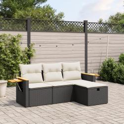 Salon de jardin 4 pcs avec coussins noir r&eacute;sine tress&eacute;e