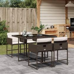 Ensemble &agrave; manger de jardin 5 pcs et coussins marron poly rotin