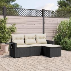 Salon de jardin 4 pcs avec coussins noir r&eacute;sine tress&eacute;e