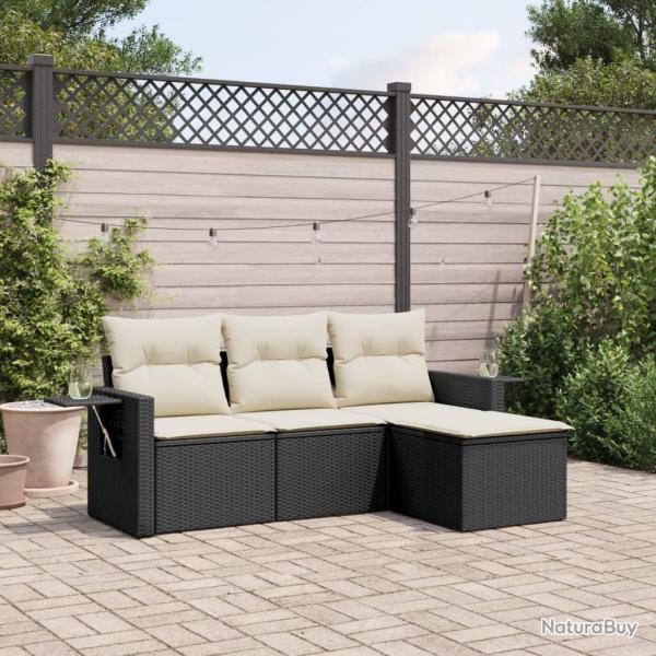 Salon de jardin 4 pcs avec coussins noir r�sine tress�e