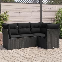 Salon de jardin 4 pcs avec coussins noir r&eacute;sine tress&eacute;e