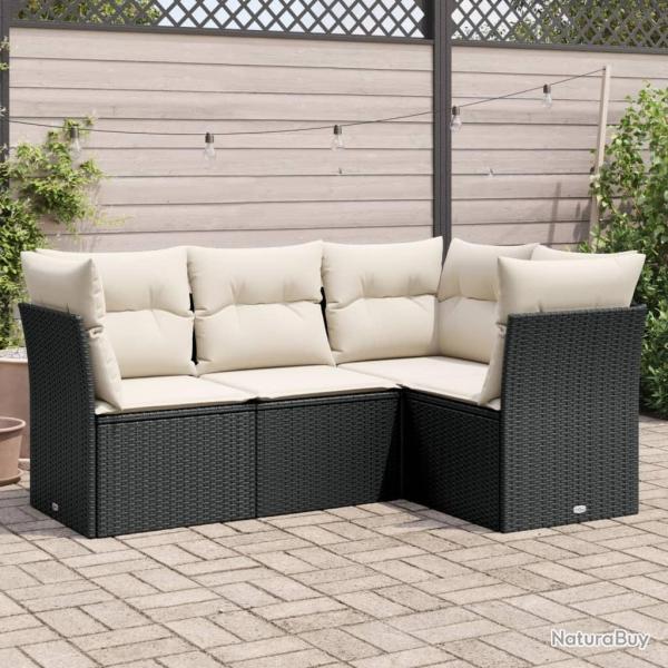 Salon de jardin 4 pcs avec coussins noir r�sine tress�e