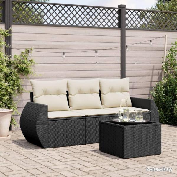 Salon de jardin 4 pcs avec coussins noir r�sine tress�e
