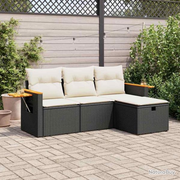 Salon de jardin 4 pcs avec coussins noir r�sine tress�e