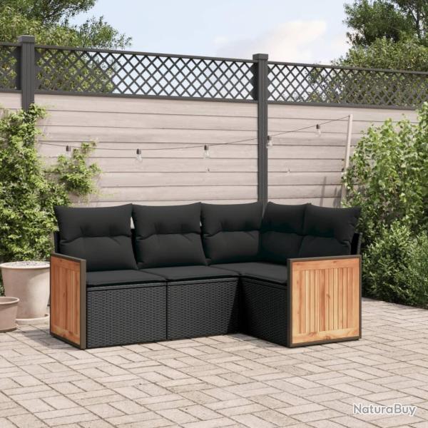 Salon de jardin 4 pcs avec coussins noir r�sine tress�e