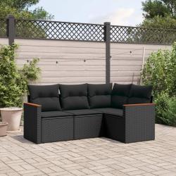 Salon de jardin 4 pcs avec coussins noir r&eacute;sine tress&eacute;e