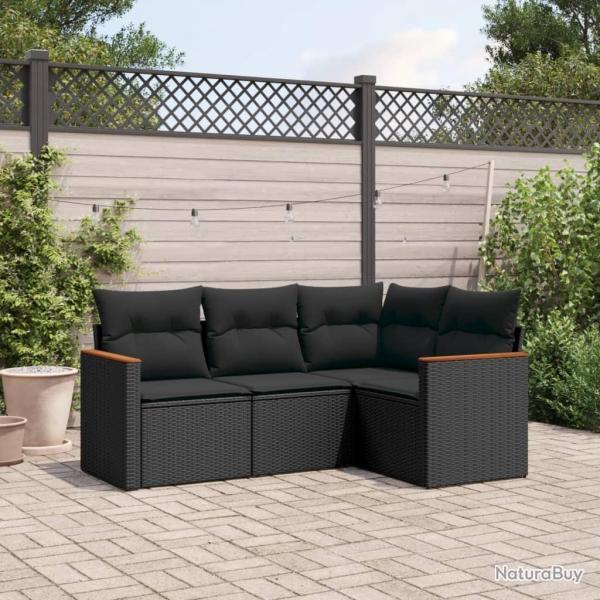 Salon de jardin 4 pcs avec coussins noir r�sine tress�e
