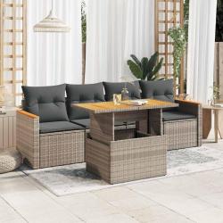 Salon de jardin 5 pcs avec coussins gris r&eacute;sine tress&eacute;e acacia