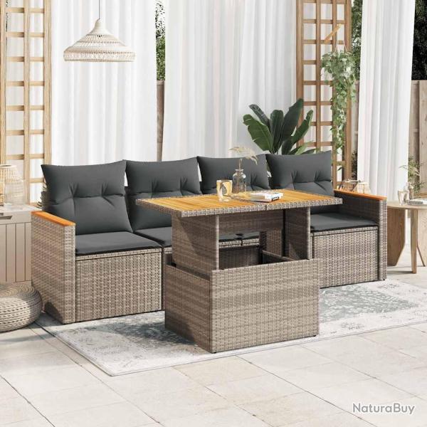 Salon de jardin 5 pcs avec coussins gris r�sine tress�e acacia