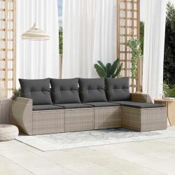 Salon de jardin 5 pcs avec coussins gris clair r&eacute;sine tress&eacute;e
