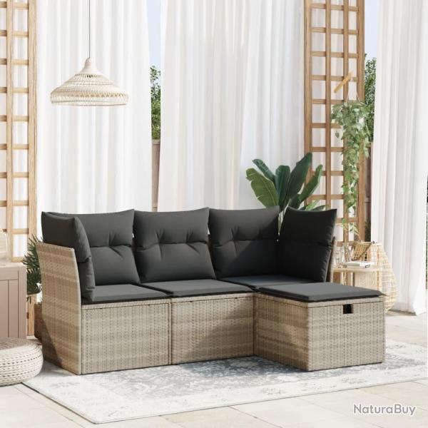 Salon de jardin 4 pcs avec coussins gris clair r�sine tress�e