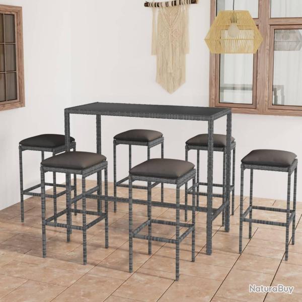 bar de jardin 7 pcs et coussins R�sine tress�e Gris