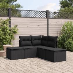 Salon de jardin 5 pcs avec coussins noir r&eacute;sine tress&eacute;e