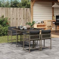 Ensemble &agrave; manger de jardin 5 pcs coussins gris r&eacute;sine tress&eacute;e