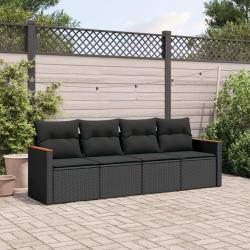 Salon de jardin 4 pcs avec coussins noir r&eacute;sine tress&eacute;e