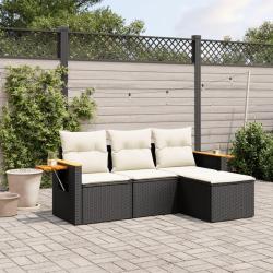 Salon de jardin 4 pcs avec coussins noir r&eacute;sine tress&eacute;e alsavelo