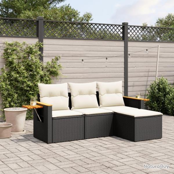Salon de jardin 4 pcs avec coussins noir r�sine tress�e
