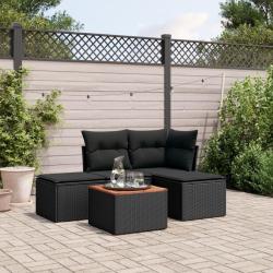 Salon de jardin 5 pcs avec coussins noir r&eacute;sine tress&eacute;e