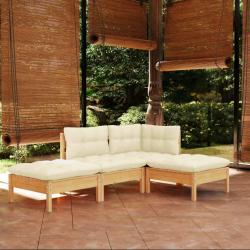 Salon de jardin 4 pcs avec coussins cr&egrave;me Bois de pin massif