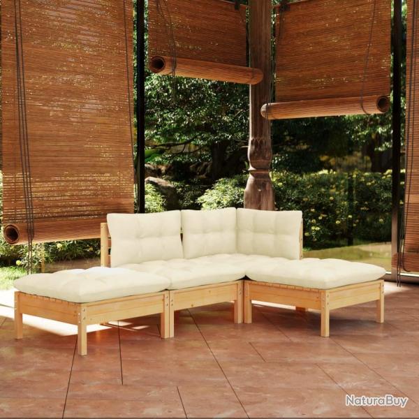 Salon de jardin 4 pcs avec coussins cr�me Bois de pin massif