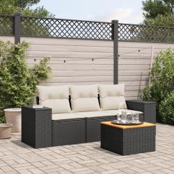 Salon de jardin 4 pcs avec coussins noir r&eacute;sine tress&eacute;e