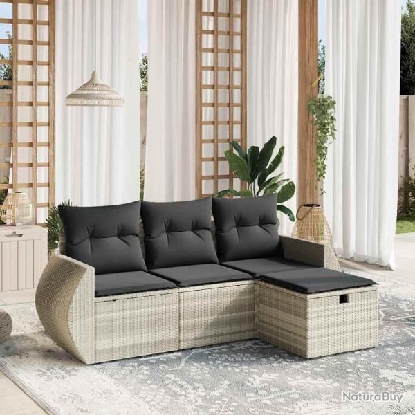 Salon de jardin 4 pcs avec coussins gris clair r�sine tress�e