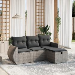 Salon de jardin 4 pcs avec coussins gris r&eacute;sine tress&eacute;e