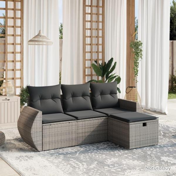 Salon de jardin 4 pcs avec coussins gris r�sine tress�e alsavelo