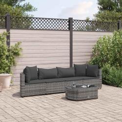 Salon de jardin 5 pcs avec coussins gris r&eacute;sine tress&eacute;e