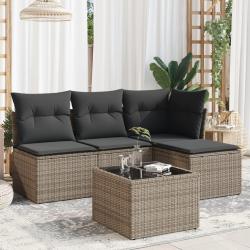 Salon de jardin 5 pcs avec coussins gris r&eacute;sine tress&eacute;e