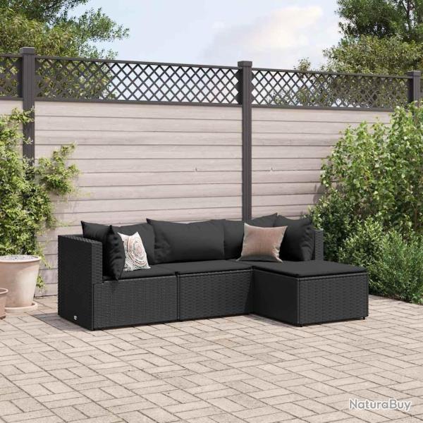 Salon de jardin 4 pcs avec coussins Noir R�sine tress�e