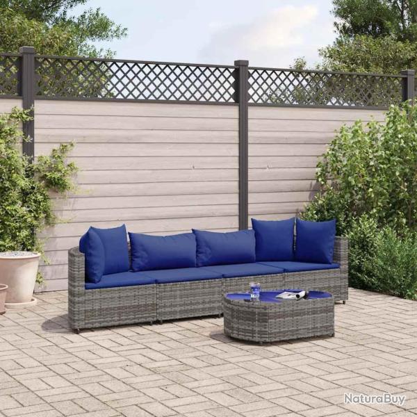 Salon de jardin 5 pcs avec coussins gris r�sine tress�e alsavelo