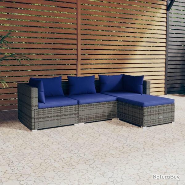 Salon de jardin 4 pcs avec coussins r�sine tress�e gris alsavelo