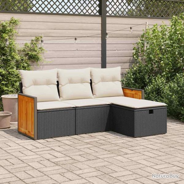 Salon de jardin 4 pcs avec coussins noir r�sine tress�e