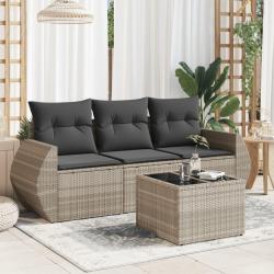Salon de jardin 4 pcs avec coussins gris clair r&eacute;sine tress&eacute;e