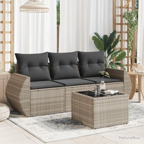 Salon de jardin 4 pcs avec coussins gris clair r�sine tress�e