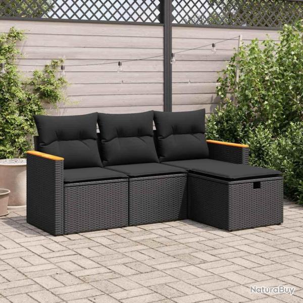 Salon de jardin 4 pcs avec coussins noir r�sine tress�e