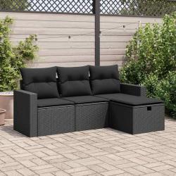 Salon de jardin 4 pcs avec coussins noir r&eacute;sine tress&eacute;e