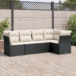 Salon de jardin 5 pcs avec coussins noir r&eacute;sine tress&eacute;e