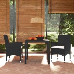 Ensemble &agrave; d&icirc;ner de jardin avec coussins 3 pcs poly rotin noir