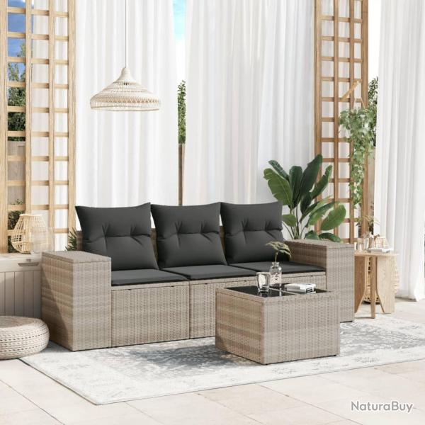 Salon de jardin 4 pcs avec coussins gris clair r�sine tress�e alsavelo