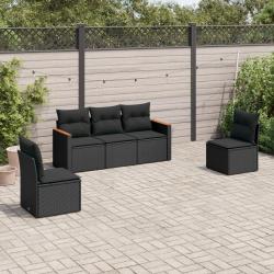 Salon de jardin 5 pcs avec coussins noir r&eacute;sine tress&eacute;e