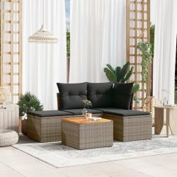 Salon de jardin 5 pcs avec coussins gris r&eacute;sine tress&eacute;e