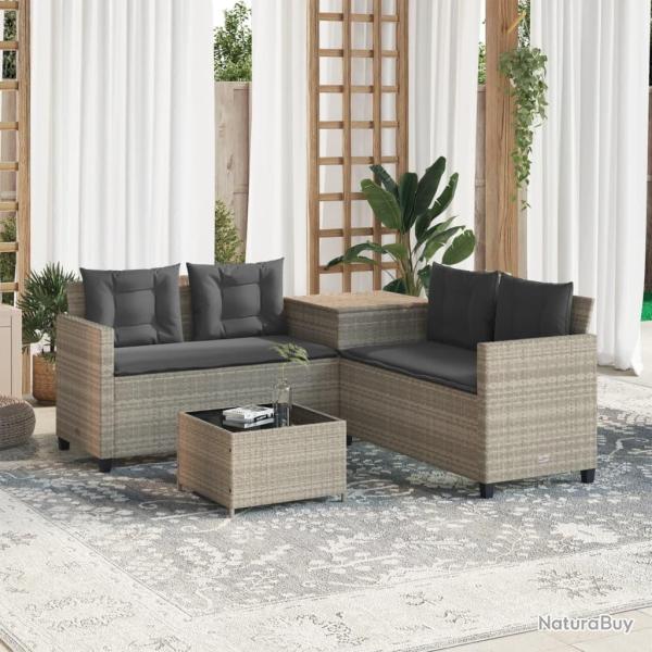 Canap� de jardin et table et coussins en forme de L gris clair